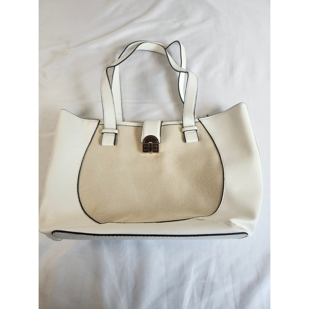 Nine West White Faux Leather Canvas Tote Bag Gold Hardware Shoulder Bag